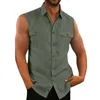 Camisas casuais masculinas tops de linho de algodão masculino 2023 Primavera Summer Summer sólido abotoado de lapela sem mangas, coletor solto para homens moda