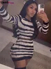 Basic Casual Dresses Weird Puss Knit Striped Dress Women Autumn Trend Ripped Long Sleeve oNeck Sweater Bodycon Streetwear Stretch Sexy Thin Clothes 231127