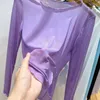 Damesblouses Ijs Zijde Mesh Bottom Blouse Voor Dames Zomerkleding Zonnebrandcrème T-shirt met lange mouwen Foreign Aura Edge Sexy Tule Perspectief