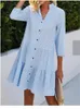 Casual Dresses Vintage Plaid Shirt Dress Women Autumn Pink Blue Long Sleeve Midi Sundresses Ruffled Splic Plus Size Party For Woman