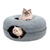マットドーナツキャットトンネルベッドペットハウスナチュラルフェルトペットキャットケイブおもちゃ丸いウールフェルトペットベッド小さな犬のためのペットベッド猫インタラクティブプレイおもちゃ
