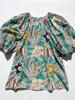 Kvinnors blusar Blus 2023 Summer Silk Floral Print O-Neck Casual Puff Sleeve Shirt