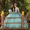 Mint Green Quinceanera -jurken Ball Jurk kralen uit schouder Zoet 16 Jurk Applique Lace Bow Verjaardagsfeest