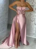 Robe de soirée de luxe rose, longue et sexy, sans bretelles, avec fente, en Satin, sans manches, robe de bal formelle, longueur au sol