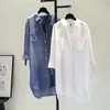 Medium lange katoenen denim shirts lente en herfst 2023 Fashion Pocket Tops dunne shirt met lange mouwen voor vrouwelijke kleding