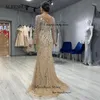 Festklänningar Aleeshuo Muslim Tulle sjöjungfru Prom Glänningar Eleganta långa ärmar O-Neck Sequined Beading Formal Endan Endast aftonklänning