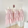 Swobodne sukienki słodkie piękne różowe warstwowe mini dla kobiet letni rękaw na szyję luźna lady streetwear halterneck vestido 230426