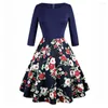 Lässige Kleider OTEN Frühling Herbst Damen 1950er Jahre Vintage Elegant 3/4 Ärmel Zitrone Blumenmuster Swing Party Knielanges Midikleid mit