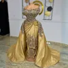 2023 Aso Ebi Арабское золотое платье русалки для выпускного вечера Роскошное вечернее платье с бисером Вечерняя вечеринка Второй прием День рождения Обручальные платья Платья Robe De Soiree ST383