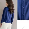 Blusas femininas outono manga longa botão topos elegante senhora do escritório camisa azul real mulheres turn down collar blusa moda chiffon roupas