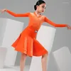 Stage Wear Robe de compétition latine professionnelle Orange Velvet Costume de performance à manches longues Filles Rumba ChaCha Vêtements de danse YS5123