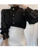 Women's Blouses Spring Summer Cotton Women Blouse Shirt Elegant Lace Hollow Out Long Sleeve Casual Office Work Wear Tops Clothing