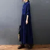 Casual Dresses #7008 Autumn Winter Corduroy Dress Polo Neck Button A-Line Ankle-Length Vintage Long Shirt Loose Black Blue Red