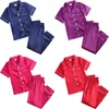 Пижамы Летние пижамные комплекты для девочек Шелковый атласный топПант с длинными рукавами Однотонные шелковистые пижамы Ночная рубашка Детская одежда для сна Одежда для мальчиков 231127