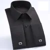 Camisa masculina clássica com punhos franceses listrada, bolso único, ajuste padrão, manga comprida, camisas de casamento (abotoadura incluída)