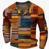 Men's T Shirts Color Block Patchwork 3D Printed Henley Fashion Vintage Button-Down Long Sleeve Shirt Man Tees Tops Clothing