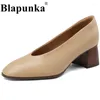 Dress Shoes Blapunka Women Block Heels Real Genuine Leather Pumps Black Nude Medium Soft Sheepskin Shallow Ladies Beige 42