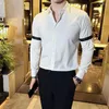 Men's Casual Shirts Quality Arm Webbing Decoration Long Sleeve For Men Clothing All Match Slim Fit Social Shirt Dress Black/White 3XL