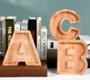 Wooden Money Storage Jar Transparent Money Saving Box 26 English Alphabet Letter Piggy Banks DIY Creative Gift Q460