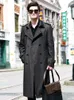 남자 트렌치 코트 긴 데님 윈드 브레이커 남성용 무릎 위의 더블 가슴 영국 장 트렌치 코트 가을과 겨울 두꺼운 따뜻한 재킷 코트 231127