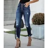 Jeans femininos mulheres estiramento rasgado buraco angustiado denim cintura alta calças magras senhoras casual botão jean calças