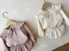 Conjuntos de roupas 2 peças para bebês recém-nascidos meninas roupas de algodão babados gola lapela camisa de manga comprida top calças de pão roupas casuais