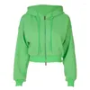 Giacche da donna Autunno retrò colore verde Zip Up Felpe con cappuccio corte Donna Harajuku Versione coreana Felpe con cappuccio a maniche lunghe