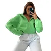 Giacche da donna Autunno retrò colore verde Zip Up Felpe con cappuccio corte Donna Harajuku Versione coreana Felpe con cappuccio a maniche lunghe