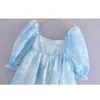 ドレスYenkye Summer Women Blooming Sky Color Organza Princess Dress Sexy Square Neck Puff Sleeve Mini Party Dress Short Vestido