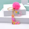 Keychains Alphabet Faux Fur Ball Fluffy Pink Pompon Glitter Letters Name Initials Key Rings Holder Jewelry Accessories Gifts