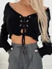 Women's Knits Women Long Sleeve Bandage Cropped Sweater Casual Fashion Girls O-neck Lace-up Knitwears Short Cardigan Knitted Tops Beige