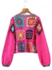 Cardigan 2022 BOHO Rose Pink Plaid Flower Cardigan all'uncinetto a mano Donna etnica O collo Manica intera Cuciture aperte Maglione Maglieria Jumper