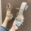 Sandals Women's High Heeled Sheer Square Heels Decorative Button Up Fashion Summer 2023