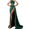 JEHETH Dark Green High Slit Satin Mermaid Prom Dresses Long Sexy Spaghetti Straps Pleats Evening Gown Formal vestidos de gala