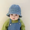 Caps hoeden opvouwbare baby denim emmer hoed vintage kinderen zonbeveiliging caps zomer visser hoed winddichte riem jongens meisjes zonneschade hoed 230427