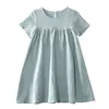 Flickaklänningar 2023 Ancobear Summer Cotton Linen Dress for Baby Girls Barn Korean Fashion Crew Neck Casual Loose Kids Daily Frocks