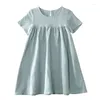 Vestidos da menina 2023 ancobear verão algodão vestido de linho para meninas do bebê crianças coreano moda tripulação pescoço casual solto crianças vestidos diários