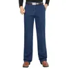 Jeans voor heren, knoopsluiting, kleurvast denim, hoge taille, wijde pijpen, formele zakelijke stijlbroek met elastische pasvorm