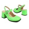 Elbise ayakkabıları turuncu yeşil kapalı ayak parmağı kadın yaz meydanı tıknaz yüksek topuklu Mary Janes Lady pompalar Slingback toka kayış şık sandaletler