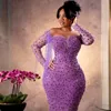 Violet grande taille sirène Aso Ebi robes de bal paillettes robe de soirée formelle deuxième réception robes d'anniversaire robes de fiançailles africaines arabes perlées AM057