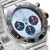 BLS Chronomat B01 ETA VALJOUX A7750 Automatisk kronograf Mens Watch 44 Ceramic Bezel Ice Blue Black Dial Stainless Steel Rouleaux Armband Super Edition Puretime