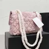 10A CC Bag 25CM Женские мини-клапаны через плечо Дизайнерские сумки Розово-белый твид Многоцветные классические сумки Золотистые металлические цепочки контрастного цветаG