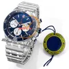 BLS Chronomat B01 ETA Valjoux A7750 Montre chronographe automatique pour homme 44 Lunette en céramique Cadran bleu blanc Bracelet Rouleaux en acier inoxydable Super Edition Puretime J10