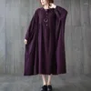 Casual klänningar Johnature Women Vintage Loose Dress Cotton Linen O-Neck Långärmkläder 2023 Autumn Korean Style Simple