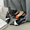 Sandals Pointed Toe Women Mixed Color Fashion Dress Slides Thin Mid Heels Back Strap White Orange Summer Outside Pumps