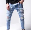 Men's Side Striped Ripped Jean Mens Fashion Denim Long Pencil Pants Clothes Male Black High Street Slim Biker Jeans Panelled Hip HOP Trousers