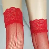 Calcetines de mujer, medias de malla transparentes de encaje negro/rojo, medias de rejilla sexis por encima de la rodilla con costura trasera, ropa interior femenina