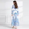 Vintage Paisley Floral White Maxi Dress Robe Woman Designer Stand Collar Slim Elegant Vacation Shirt Dresses 2023 Spring Fall Long Sleeve Black Party Runway Frocks