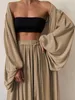 Women's Two Piece Pants Women's Clothing Spring Summer Sexy Puff Sleeve Jacket Ladies Temperamental Commute Wide Leg Trousers Fashion 3pcs Suit 231127