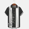 メンズカジュアルシャツシャツボタンカーディガン3Dミュージックシンボルプリント短袖のストライプオープンラペルトップ